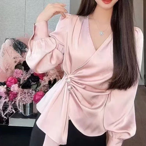 Stylish Formal V-Neck Long Sleeves Satin Tops